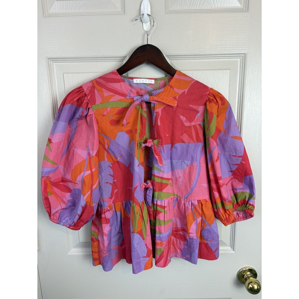 Karlie Tropical Palm Print Bow Tie Boutique Brand Puff Sleeve Size Medium - 454